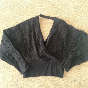 Cropped Black V-Neck Cable Knit Sweater